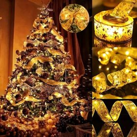 [100 LED Battery-powered Christmas Tree] A Christmas Tree With 32 Feet Of Ribbon, 100 LED Lights, Golden Wire Ribbon, Battery-powered (Color: Golden Ribbon-Warm colour)